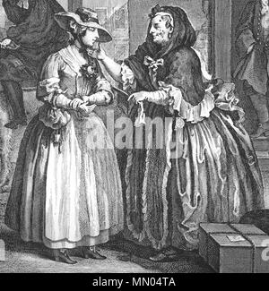 . William Hogarth est une prostituée, les progrès de plaque 1, montrant l'arrivée de Molly à Londres, avec le Colonel Francis Charteris et 'Jack' pratique des regards en arrière-plan, tandis qu'une madame syphilitique à l'avant-plan achète son premier. Selon les progrès réalisés par une prostituée : bordel keeper Elizabeth Needham sur la bonne récolte de Hogarth-Harlot-1 Banque D'Images