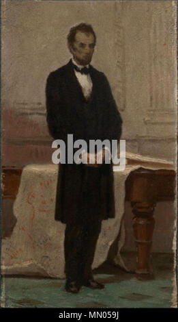 . Anglais : Portrait d'Abraham Lincoln par le Boston artiste William Morris Hunt, huile sur panneau. Le portrait en pied est une étude pour une peinture plus tard de Lincoln par Hunt qui a été détruit dans l'incendie de Boston de 1872. Le portrait a été peint peu après l'assassinat de Lincoln par John Wilkes Booth. L'œuvre dépeint un triste Lincoln face-martyr de la cause de l'Union, qui a été soutenu par William Morris Hunt et ses frères. . 1865. Abraham Lincoln William Morris Hunt Banque D'Images