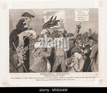 . Anglais : Isaac Cruikshank, société de débats (substitut de poudre de cheveux). Londres : Publié par Laurie & Whittle, le 5 mai 1795. La gravure. . 1795. Isaac Cruikshank (1764-1811), peintre et caricaturiste écossais Description Date de naissance/décès 1756 Avril 1811 Lieu de naissance/décès Edimbourg Londres lieu de travail London Authority control : Q3154738 : VIAF ?107045019 ?ISNI : 0000 0000 8012 2606 ULAN : ?500005958 RCAC : ?n94004259 GND : ?119201623 Isaac WorldCatCruikshank-DebatingSoc Banque D'Images