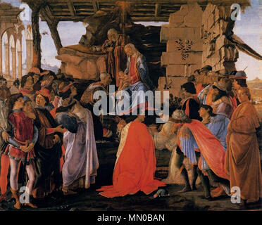 . Anglais : peinture de Sandro Botticelli, tempera sur panneau, 111 x 134 cm. Florence, Galleria degli Uffizi English : Adoration des Mages Deutsch : Anbetung der Heiligen Drei Könige . circa 1475. AdorationMagi Banque D'Images
