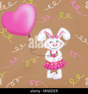 Holiday Card avec mignon lapin blanc moelleux et ballon rose isolé sur un fond de fête. Pouvez utiliser comme un joyeux anniversaire, fête, carte de souhaits Banque D'Images