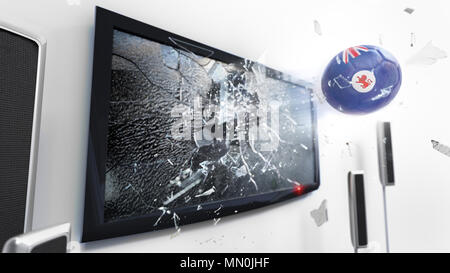 Ballon de soccer avec le drapeau de la Tasmanie vol par un écran de télévision.(série de rendu 3D) Banque D'Images
