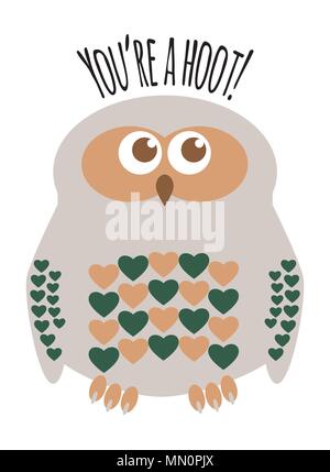 Owl mignon petit personnage avec des coeurs de carte de souhaits avec texte "Vous êtes une huée'. L'étiquette modifiable calques. Illustration de Vecteur