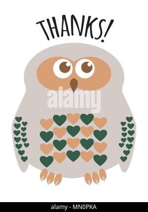 Owl mignon petit personnage avec des coeurs de carte de souhaits avec texte "merci !". L'étiquette modifiable calques. Illustration de Vecteur