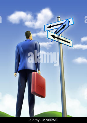 Businessman standing à un carrefour. Un panneau à plusieurs directions. Illustration numérique. Banque D'Images