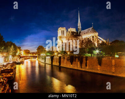 La nuit vient plus de Notre Dame le long de la Seine. Paris, France.