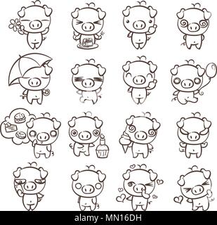 Coloriage avec collection de cochon cutest icon set de caractères avec différentes émotions. Vector illustration pour les nouveaux 2019 année. Ensemble de petites piggy Illustration de Vecteur