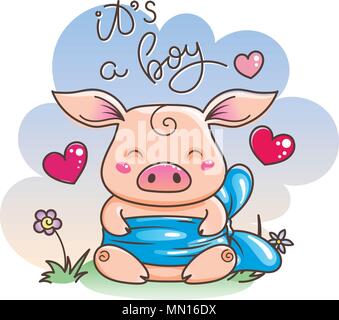 C'est un garçon. Cute cartoon cochon dans l'amour. Symbole de la nouvelle année 2019. Horoscope chinois Illustration de Vecteur