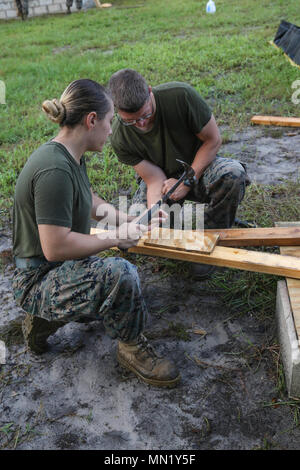 Le Corps des Marines des États-Unis. Myranda J. Kanipe, gauche, et lance le Cpl. Stephan L. Jackson, les sapeurs de combat avec 8e, 2e Bataillon d'appui du Groupe de la logistique maritime, insérer un clou dans du bois à zone d'atterrissage siffleur sur Camp Lejeune, en Caroline du Nord, le 11 août, 2017. La structure a été construite pour les élèves de l'école ingénieur du Corps des Marines à enfreindre la pratique des procédures. (U.S. Marine Corps photo par Lance Cpl. Tyler W. Stewart) Banque D'Images