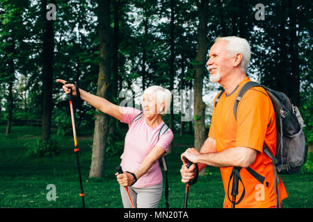 Couple l'exercice,marche à travers la forêt. Le repos actif, une femme et un homme âgés, randonnées Banque D'Images