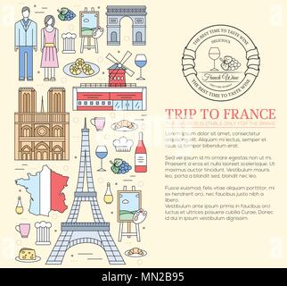 Guide de voyage France Pays de biens, de lieux en lignes fines style design. Ensemble de l'architecture, la mode, les gens, la nature concept. Infographie te Illustration de Vecteur