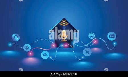 Maison intelligente reconnaît les commandes vocales et gère les périphériques intelligents. Contrôle vocal de votre maison intelligente. Smart Speaker contrôle l'Internet des choses à vous Illustration de Vecteur