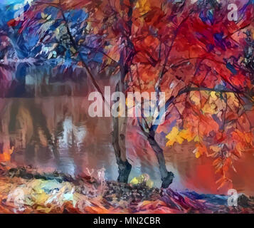 Art lumineux, les arbres d'automne à la rivière, rouge-bleu. Une photo dans le style de l'impressionnisme moderne. Belle photowall-papier, design numérique, appuyez sur mur Banque D'Images