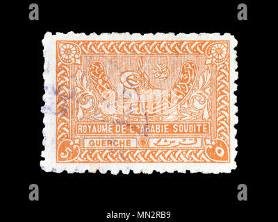 Timbre-poste imprimé par l'Arabie saoudite, qui montre Tughra du Roi Abdul Aziz, vers 1934. Banque D'Images