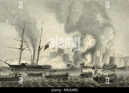 La East India Company's Steamer Nemesis et les bateaux du soufre, Calliope, Larne, et détruire l'Étourneau jonques de guerre chinois dans Anson's Bay - 7 janvier 1841 Banque D'Images