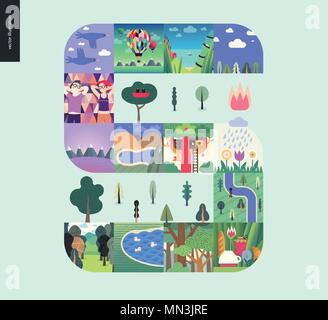 Des choses simples - forest situé sur un fond de menthe - télévision cartoon vector illustration de forêt, canards, rivière, arbres, couple, oiseaux, fleurs, repas en t, t Illustration de Vecteur