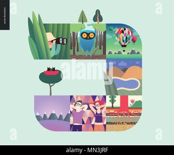 Des choses simples - forest situé sur un fond de menthe - télévision cartoon vector illustration de Hunter, l'herbe, des terriers, des bois, des montgolfières, le lac, les collines, les racines des arbres Illustration de Vecteur