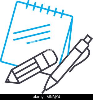 Fournitures scolaires l'icône vecteur ligne fine avc. Fournitures scolaires contours illustration, affiche, symbole linéaire concept. Illustration de Vecteur