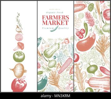 Légumes hand drawn vector banner set. Illustrations de style rétro gravé. Peut être utiliser pour l'emballage, l'étiquette, menu, flyer, produits du marché agricole. Illustration de Vecteur