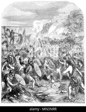 Jules César débarqué pour la première fois en Grande-Bretagne le 26 août, 55 BC probablement environ où l'affaire est maintenant. Les légionnaires s'est avancé à la terre, chargés d'armes et d'engins, alors que les Britanniques ont lancé des javelots à eux d'un air menaçant et galopa et vient sur la plage. Ce n'était pas une perspective agréable et les soldats hung en arrière jusqu'à ce que le porteur de l'aigle de la dixième a sauté dans la mer et a crié à ses camarades de le suivre et défendre la norme et après des combats sauvages, les légionnaires ont réussi à former, la charge et les Britanniques en vol. Banque D'Images