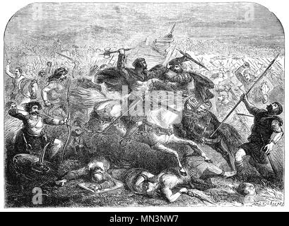 La bataille de Badon entre Britanniques et Anglo-Saxons celtique à la fin 5ème ou au début du 6ème siècle. Il a été crédité comme une grande victoire pour les Britanniques, l'arrêt de l'empiétement des les royaumes anglo-saxons pour une période et est principalement connu aujourd'hui pour l'implication du Roi Arthur, une tradition qui commencent à être bien paru dans le 9ème-siècle Historia Brittonum. En raison du nombre limité de sources, il n'y a pas de certitude quant à la date, le lieu, ou les détails des combats. Banque D'Images