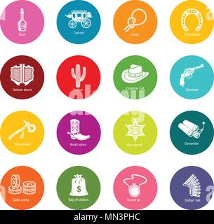 Wild West cercles colorés vector icons set Illustration de Vecteur