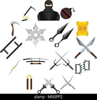 Outils Ninja icons set dans un style plat Illustration de Vecteur