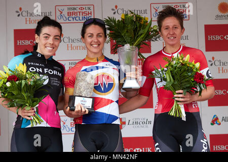 Lincoln, Royaume-Uni. 14 mai 2018. Grand Prix Lincoln Women's Race 2018 1, Rebecca Durrell, histoire de la course 2:41:17 2 Anna, Henderson, équipe-Cycle OnForm 3 Nicola, Juniper, CNM - Biemme - Crédit d'Echelon : Phil Crow/Alamy Live News Banque D'Images