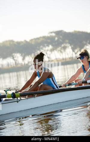 L'équipe d'aviron de godille aviron féminin on sunny lake Banque D'Images