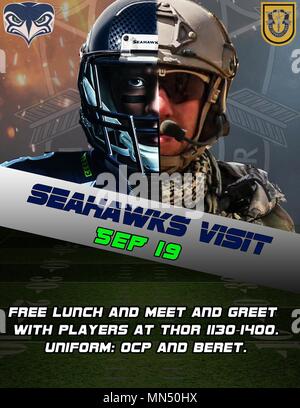 Ce graphique a été créé pour informer 1AUD(A) personnel de l'occasion unique de rencontrer et saluer avec les Seattle Seahawks joueurs de football. Les Seahawks et le 1st Special Forces Group (Airborne) engagés dans un partenariat de longue saison de reconnaître l'organisation apprécie l'armée. Avant la rencontre il y a eu un changement de commandement informel où l'homme 12 drapeau a été échangé entre les derniers ans associé unité navale et la 1st Special Forces Group (Airborne). Cet événement stimulé l'esprit de corps tout au long de bataillons et était vraiment considéré comme un honneur pour notre unité à l'adj Banque D'Images