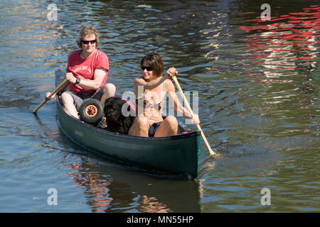 Un jeune couple et de leur chien sur le Regent's Canal dans un canot au cours de l'eau Canalway Cavalcade Festival à Londres est la petite Venise. Banque D'Images