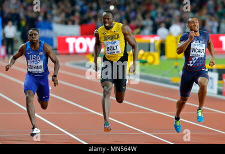 Londres, ANGLETERRE - 05 août : Usain Bolt de la Jamaïque s'exécutant dans Lane 4 de la mens 100m en compétition finale avec Christian Coleman de l'USA et Jimmy Vicaut de France au cours de la deuxième journée de la 16e Championnats du monde d'athlétisme IAAF Londres 2017 au stade de Londres le 5 août 2017 à Londres, Royaume-Uni. Photo par Paul Cunningham Banque D'Images