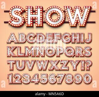 Alphabet de l'ampoule avec un cadre rouge et ombre sur backgrond rouge. Collection de polices vectorielles rétro brillant avec les lumières brillantes. Numéro de l'ABC et design pour casino, night club ou au cinéma. Caractères séparés en couches. Illustration de Vecteur