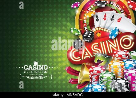 Illustration avec casino roulette et jouer jetons sur fond vert. Jeu de poker avec la conception de scénario et de cartes pour l'affiche du parti, des dés de carte de vœux, invitation ou bannière promo. Illustration de Vecteur