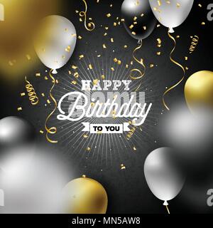 Joyeux Anniversaire Vector Design avec ballon, typographie et tomber les confettis sur fond sombre. Illustration pour un anniversaire. cartes de vœux ou de la partie de l'affiche. Illustration de Vecteur