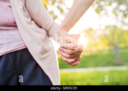 Grand-mère méconnaissable et une petite-fille à l'extérieur, sur une promenade dans la nature au printemps, se tenant la main. Banque D'Images