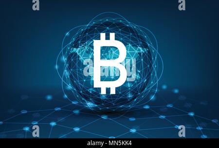 Bloc de Bitcoin carte du monde de la chaîne du système de sécurité de la monnaie numérique à l'activité financière dans le monde en ligne Illustration de Vecteur