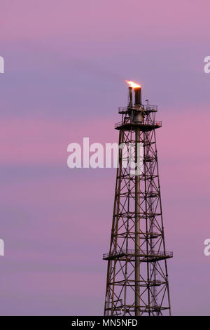 Feu de torche à gaz de raffinerie au crépuscule du temps. Banque D'Images