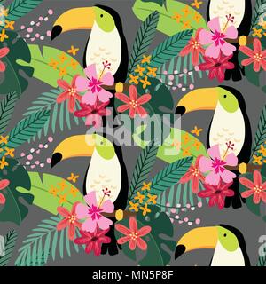 Une jungle tropicale avec motif oiseau toucan, Hibiscus fleurs et feuilles de palmier. Modèle plat, fond d'illustration vectorielle. Illustration de Vecteur
