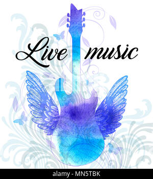 Vintage poster musique rock avec guitare aquarelle bleu, des ailes et de l'ornement floral. Lettrage de la musique live. Banque D'Images