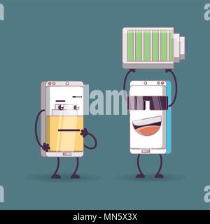 Les smartphones cartoon avec batterie sur fond bleu, design coloré. vector illustration Illustration de Vecteur