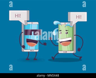 Les smartphones cartoon parler sur fond bleu, design coloré. vector illustration Illustration de Vecteur