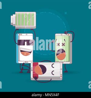 Les smartphones cartoon avec batterie sur fond bleu, design coloré. vector illustration Illustration de Vecteur