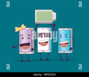 Les smartphones cartoon avec batterie sur fond bleu, design coloré. vector illustration Illustration de Vecteur