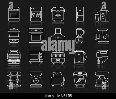 Appareils de cuisine fine ligne icons set. Aperçu de l'équipement kit web sign Vector Illustration. Appareils de cuisine icône linéaire collection comprend blen Illustration de Vecteur