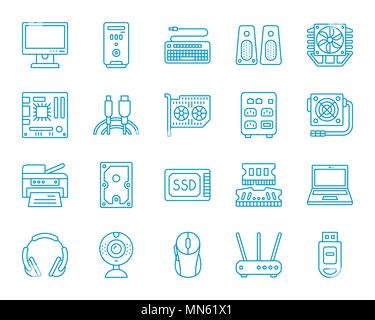 Ordinateur ligne mince icons set. Contours de kit de connexion web monochrome de l'électronique. Ordinateur icône linéaire collection comprend le processeur, disque dur, imprimante. Simple Illustration de Vecteur