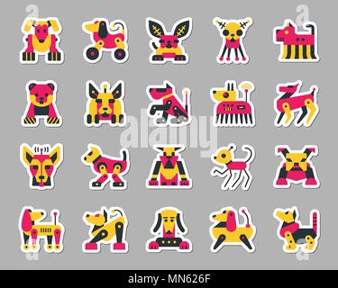 Chien Robot sticker icons set. Télévision Web kit de connexion d'animal. Chien Robot icon collection comprend transformateur, machine, cyborg. Symbole simple et coloré pour pat Illustration de Vecteur