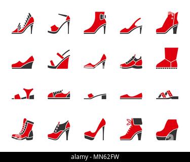 Chaussures femmes silhouette icons set. Isolé sur blanc kit web sign de chaussures. Pictogramme chaussures ugg collection comprend, pompes, bateaux. Deux couleurs simples Illustration de Vecteur