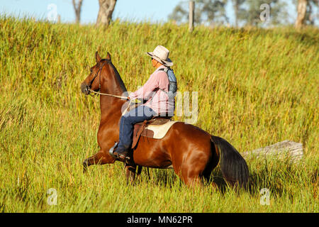 Femme autochtone riding horse on farm. Banque D'Images