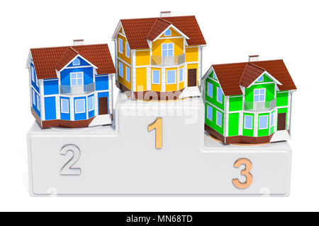 Podium gagnants avec maisons, rendu 3D isolé sur fond blanc Banque D'Images